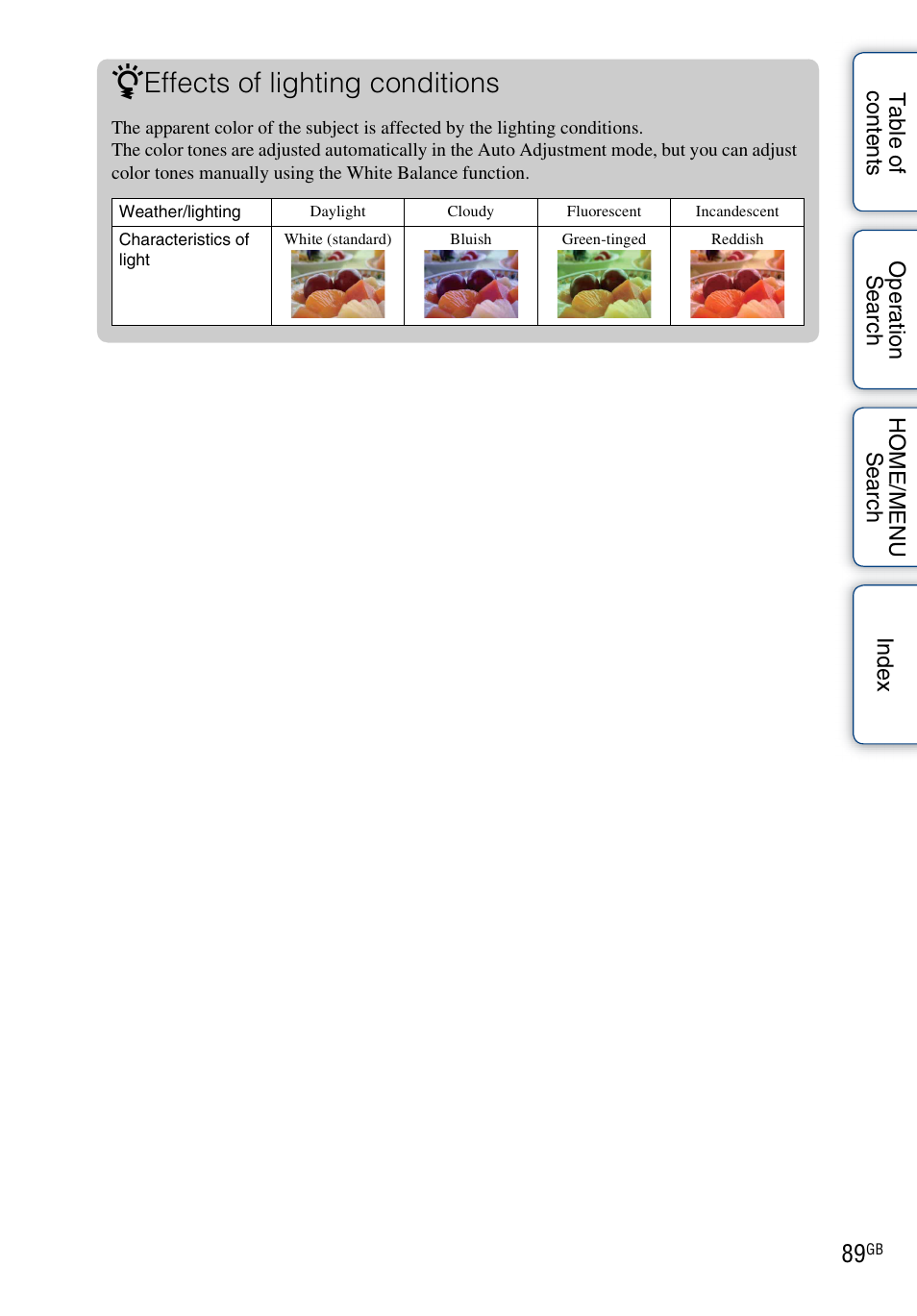 Effects of lighting conditions | Sony DSC-G3 User Manual | Page 89 / 178