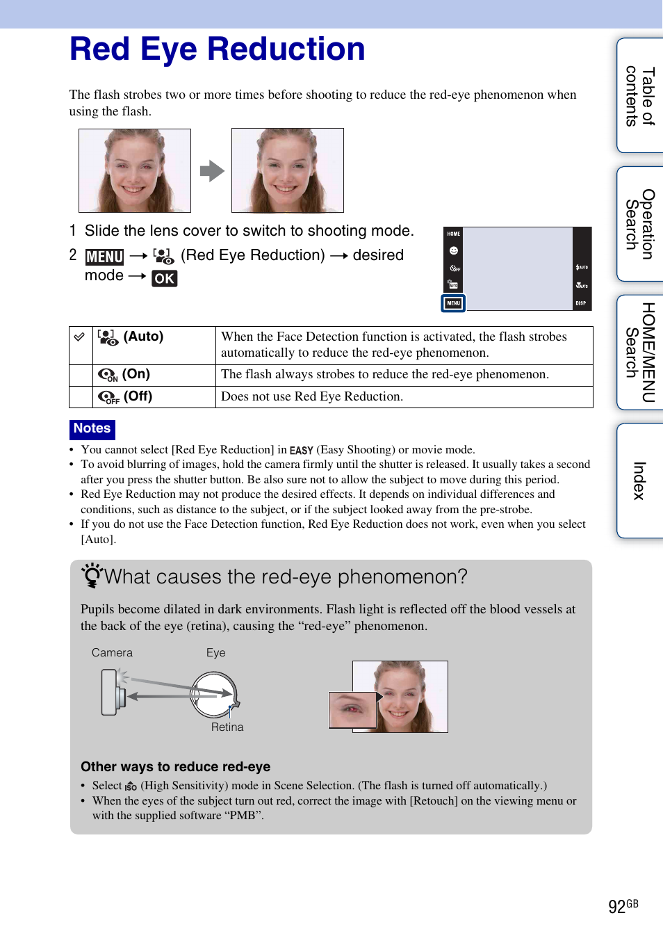 Red eye reduction, What causes the red-eye phenomenon | Sony DSC-G3 User Manual | Page 92 / 178