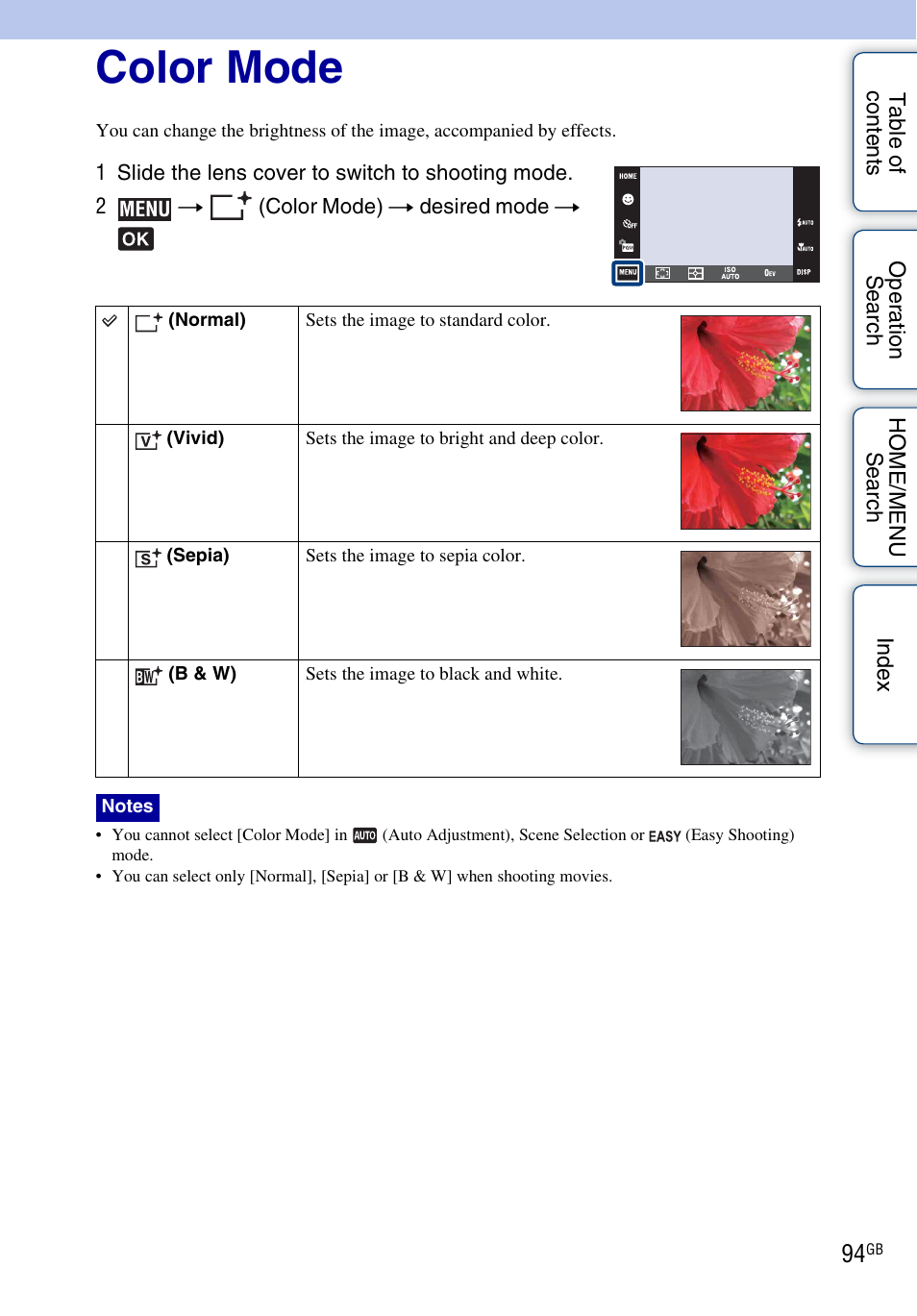 Color mode | Sony DSC-G3 User Manual | Page 94 / 178