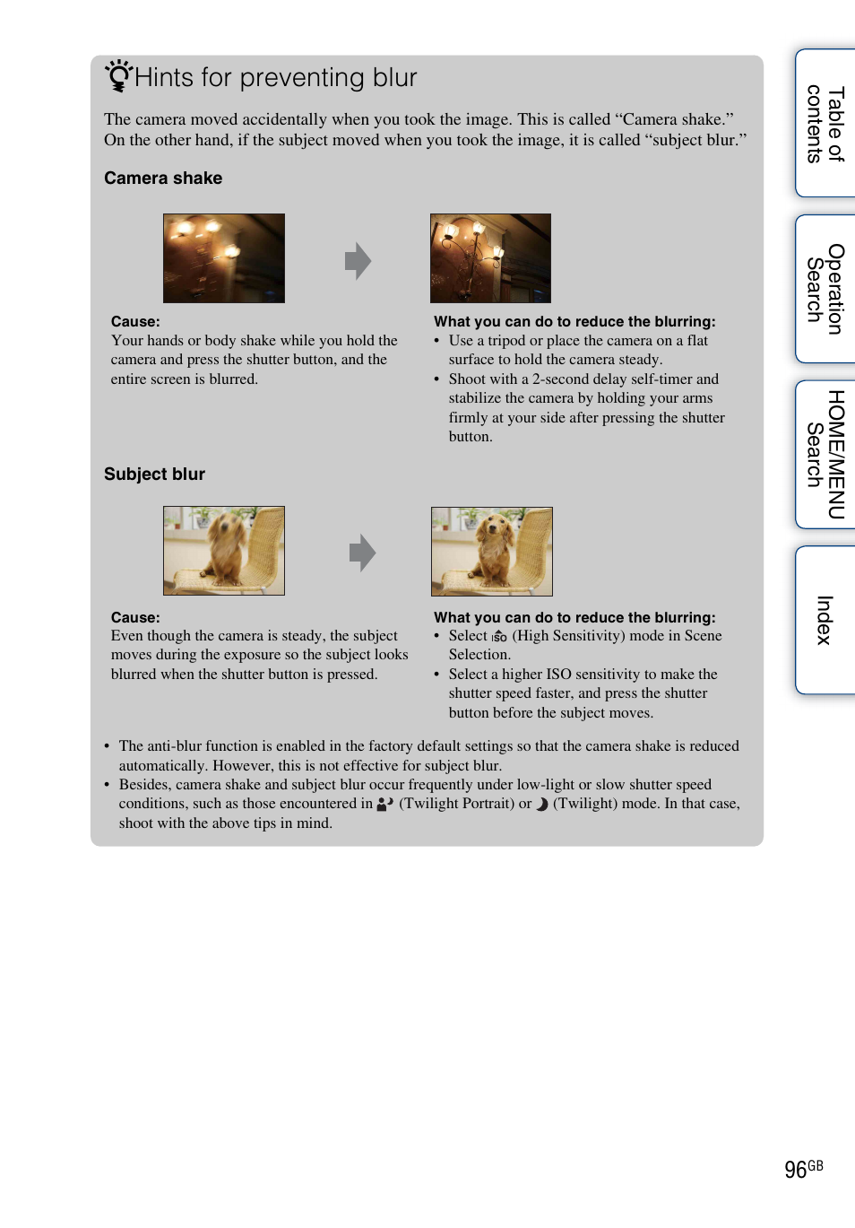 Hints for preventing blur | Sony DSC-G3 User Manual | Page 96 / 178