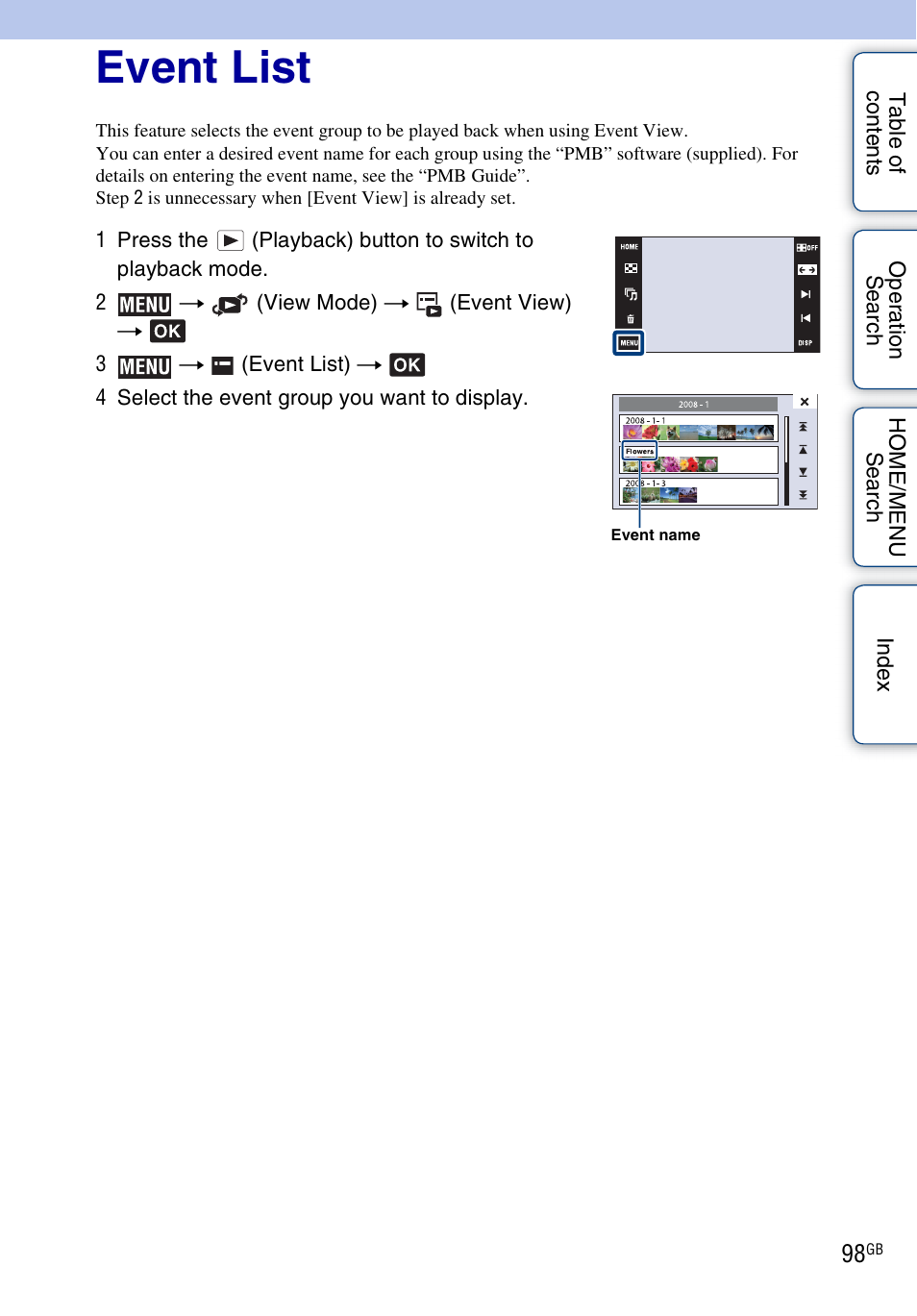 Event list | Sony DSC-G3 User Manual | Page 98 / 178