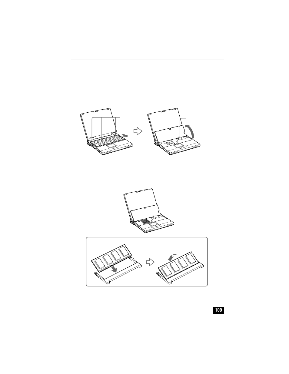 Lifting the keyboard, 6 remove the new memory module from its packaging, Installing memory module | Sony PCG-XG500 User Manual | Page 109 / 154