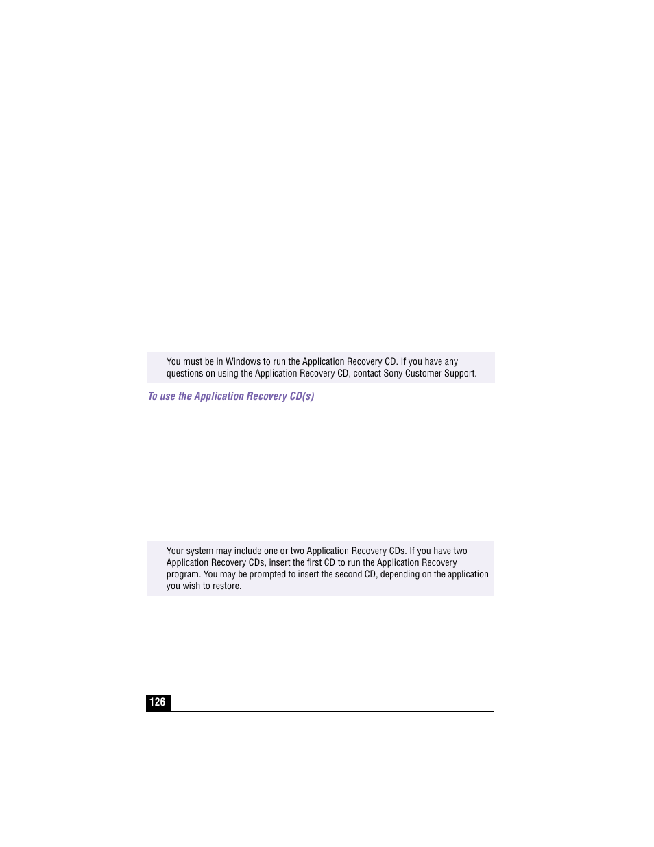 Using your recovery cds, Using the application recovery cd(s), To use the application recovery cd(s) | Sony PCG-XG500 User Manual | Page 126 / 154