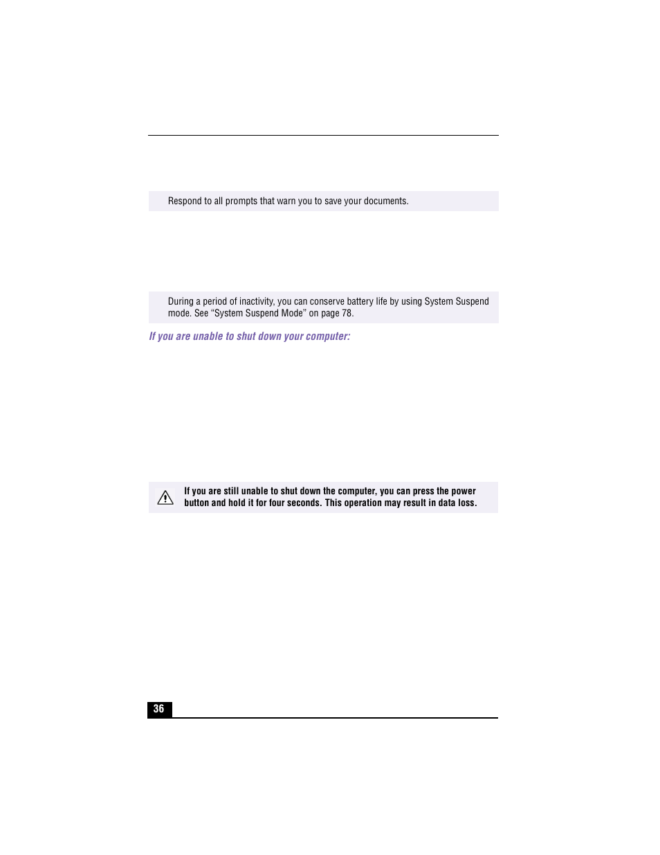 4 click ok, If you are unable to shut down your computer, 1 close or end all operations by | Sony PCG-XG500 User Manual | Page 36 / 154