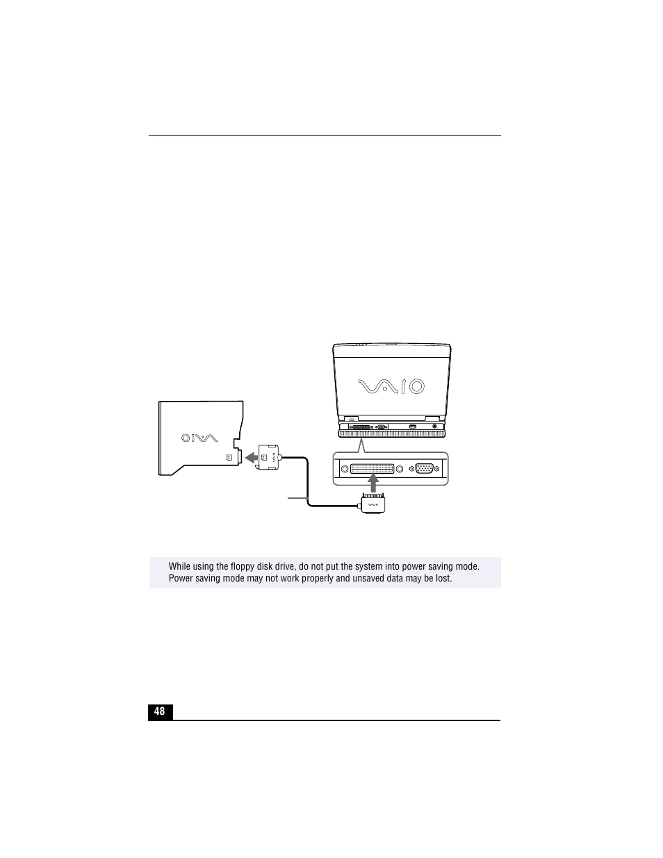 Using the floppy disk drive, To use as an external drive, Connecting floppy disk drive | Sony PCG-XG500 User Manual | Page 48 / 154