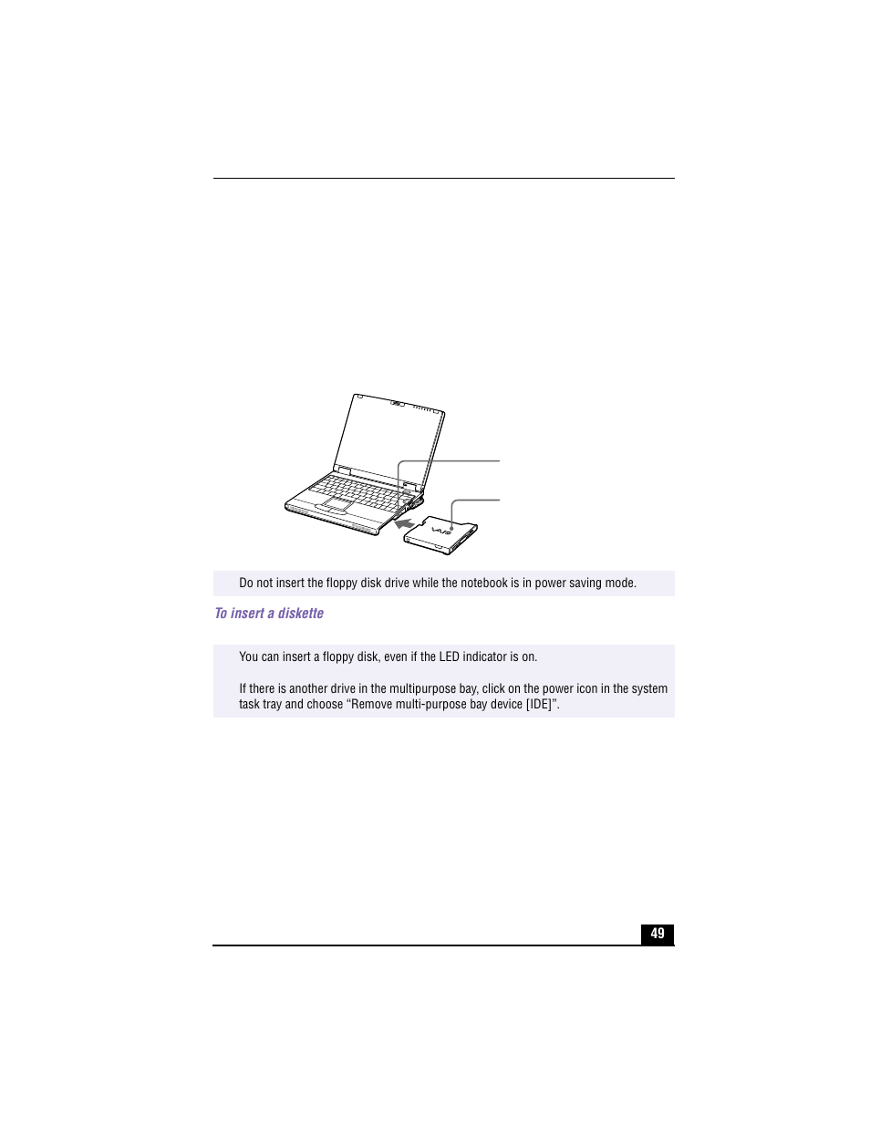 To use as an internal drive, Inserting floppy disk drive, To insert a diskette | Sony PCG-XG500 User Manual | Page 49 / 154