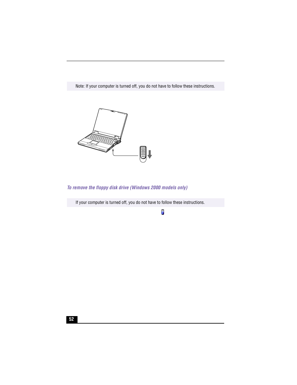 Removing floppy disk drive, 2 the “unplug or eject” dialog box appears, 4 confirm the device and click ok | Sony PCG-XG500 User Manual | Page 52 / 154