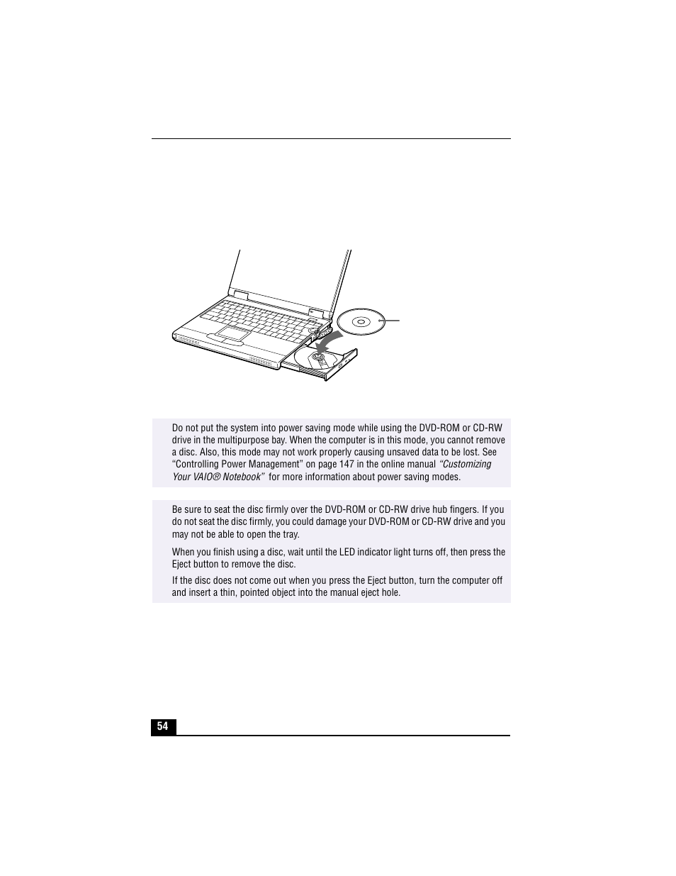 Inserting a dvd or cd, 4 close the tray by pushing it gently | Sony PCG-XG500 User Manual | Page 54 / 154