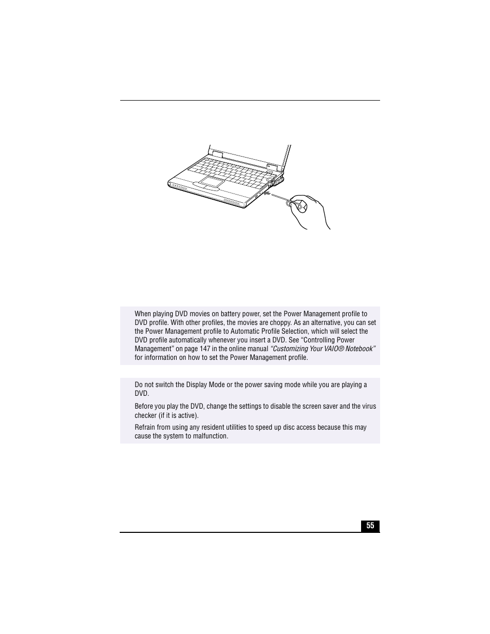 Manual eject hole, To play a dvd | Sony PCG-XG500 User Manual | Page 55 / 154