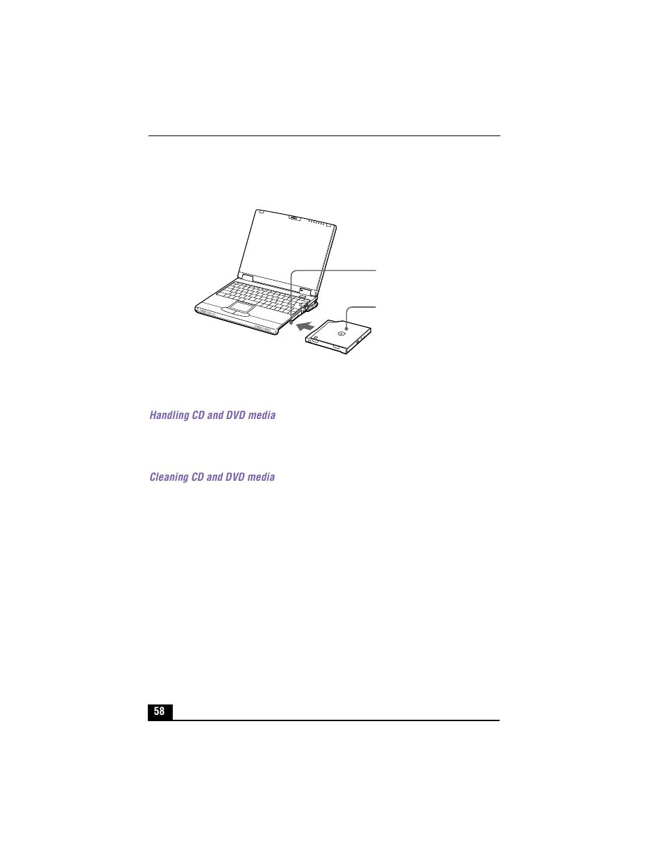 Inserting dvd-rom or cd-rw drive, Notes on cd and dvd media, Handling cd and dvd media | Cleaning cd and dvd media | Sony PCG-XG500 User Manual | Page 58 / 154