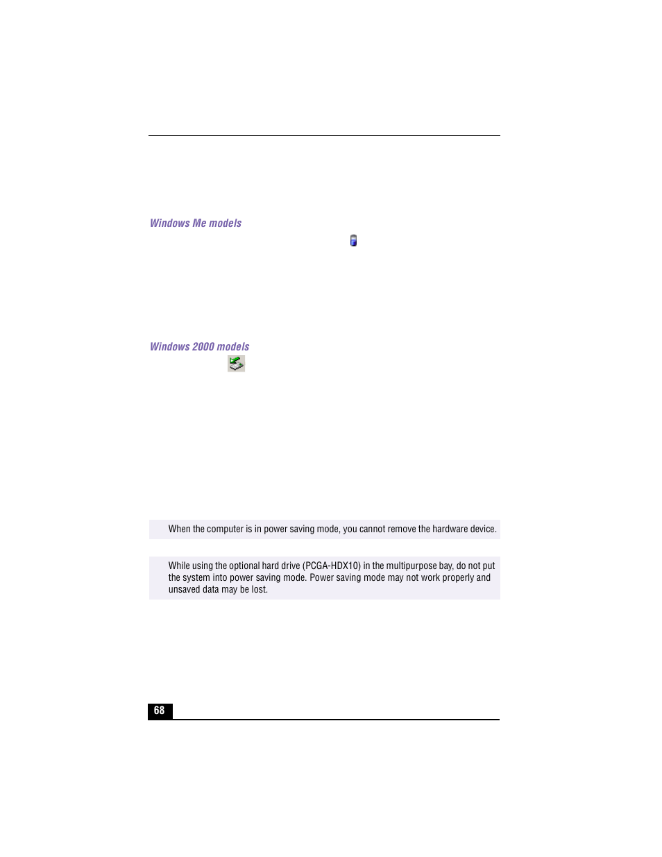 Removing the optional hard drive (pcgahdx10), Windows me models, 3 click ok | Windows 2000 models, 3 confirm the device and click ok, Removing the optional hard drive (pcga-hdx10) | Sony PCG-XG500 User Manual | Page 68 / 154