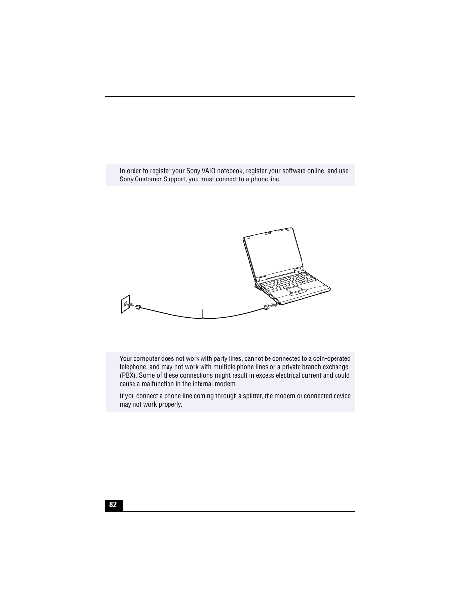 Connecting a phone line, 2 plug the other end into the wall jack | Sony PCG-XG500 User Manual | Page 82 / 154