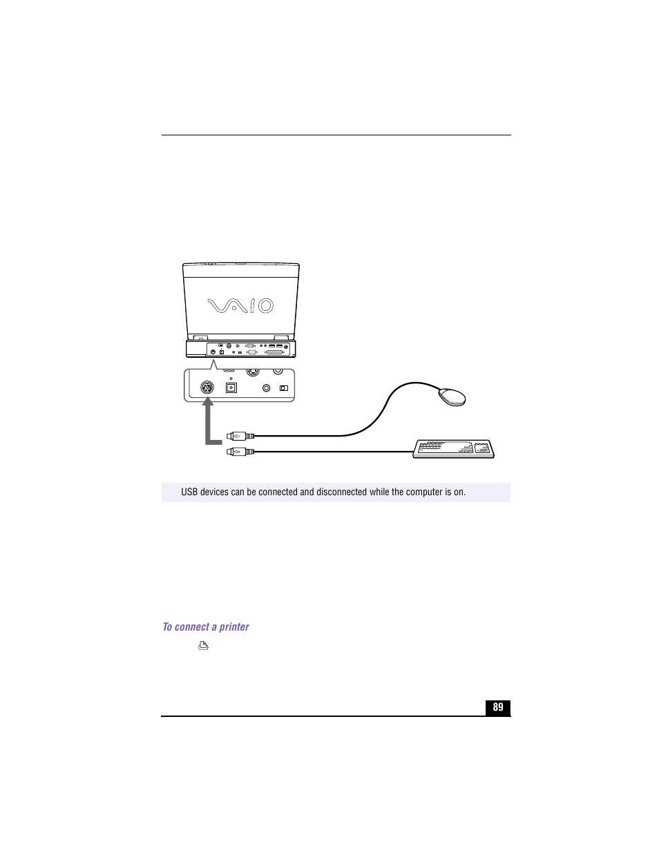 Connecting an external mouse or keyboard, Connecting a mouse or external keyboard, Connecting a printer to the mini docking station | To connect a printer | Sony PCG-XG500 User Manual | Page 89 / 154