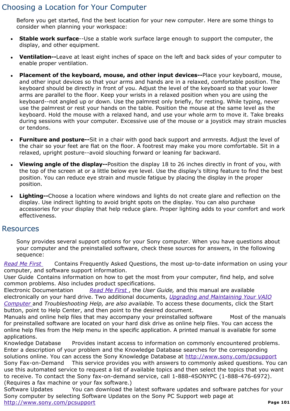 Choosing a location for your computer, Resources | Sony PCV-L630 User Manual | Page 1010 / 1055