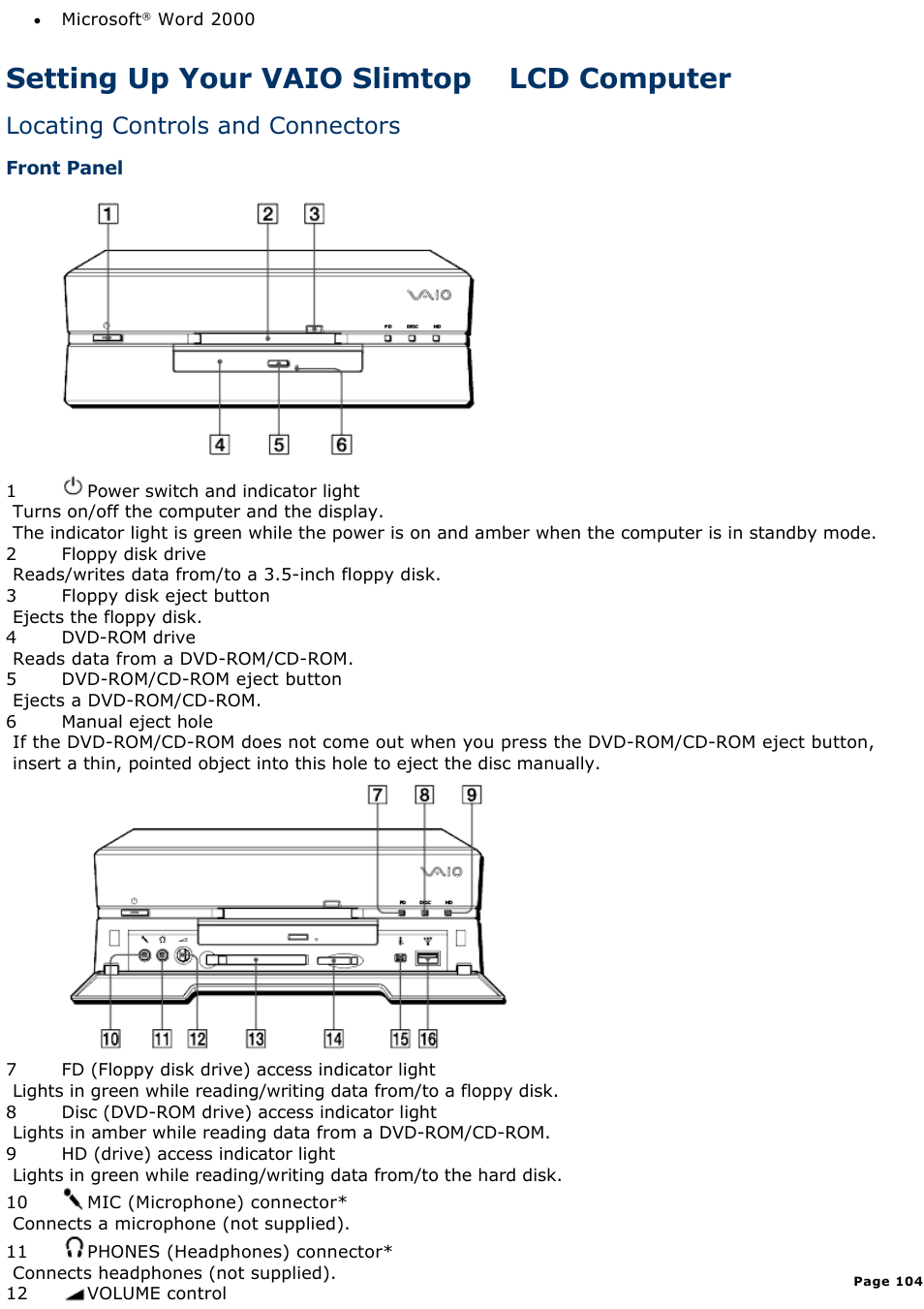 Setting up your vaio slimtop lcd computer, Locating controls and connectors | Sony PCV-L630 User Manual | Page 104 / 1055