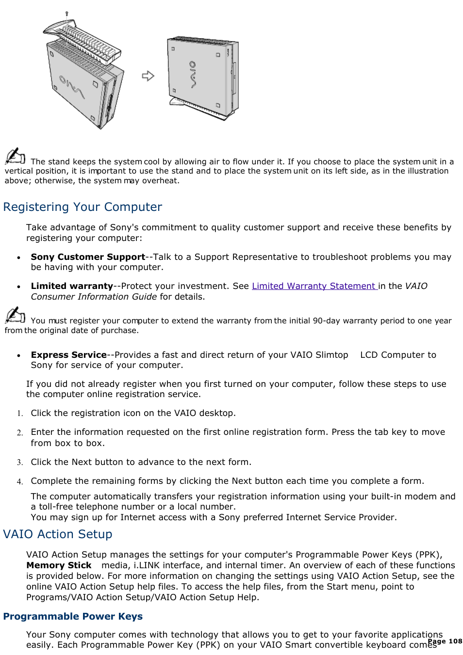 Registering your computer, Vaio action setup | Sony PCV-L630 User Manual | Page 108 / 1055