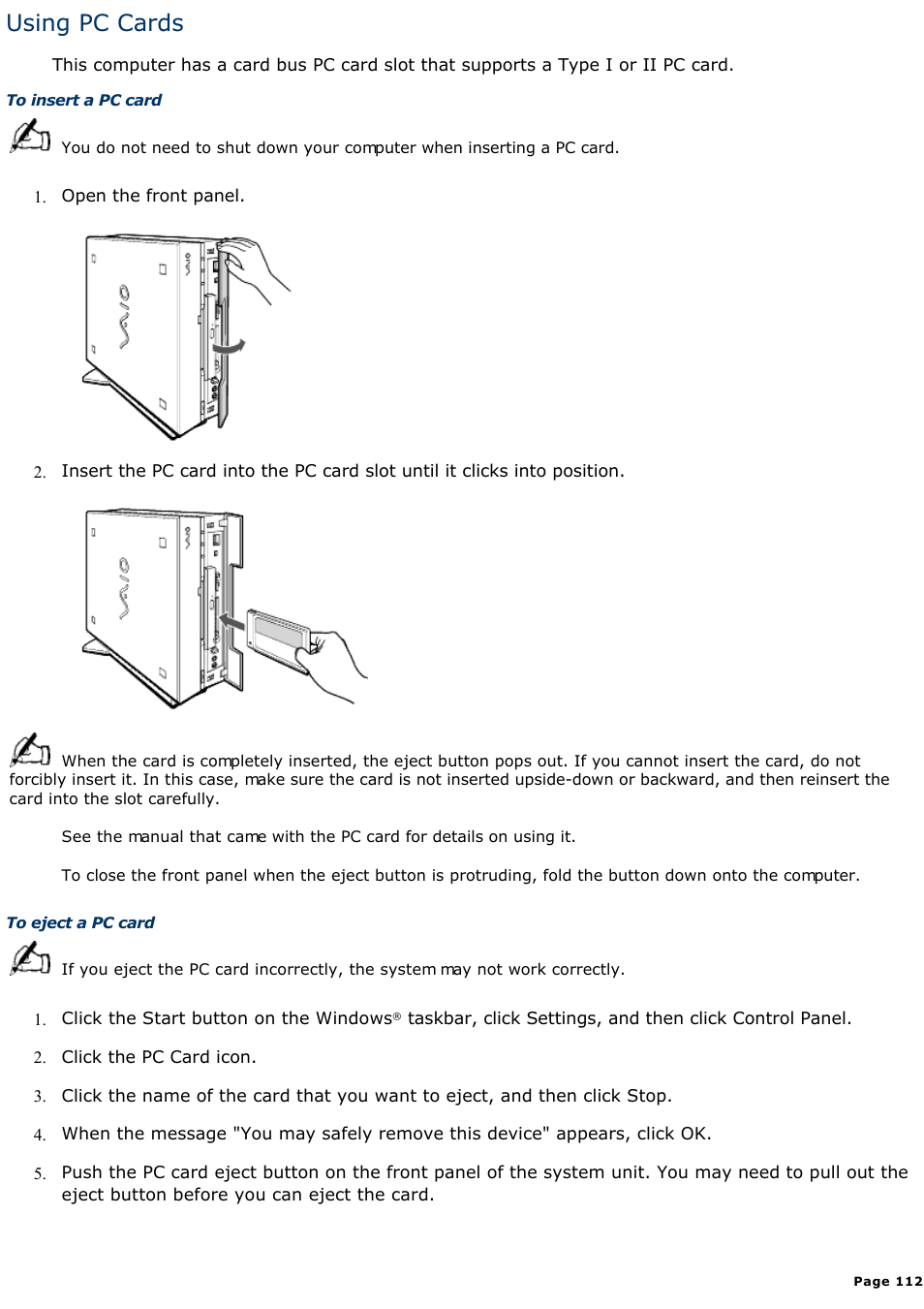 Using pc cards | Sony PCV-L630 User Manual | Page 112 / 1055