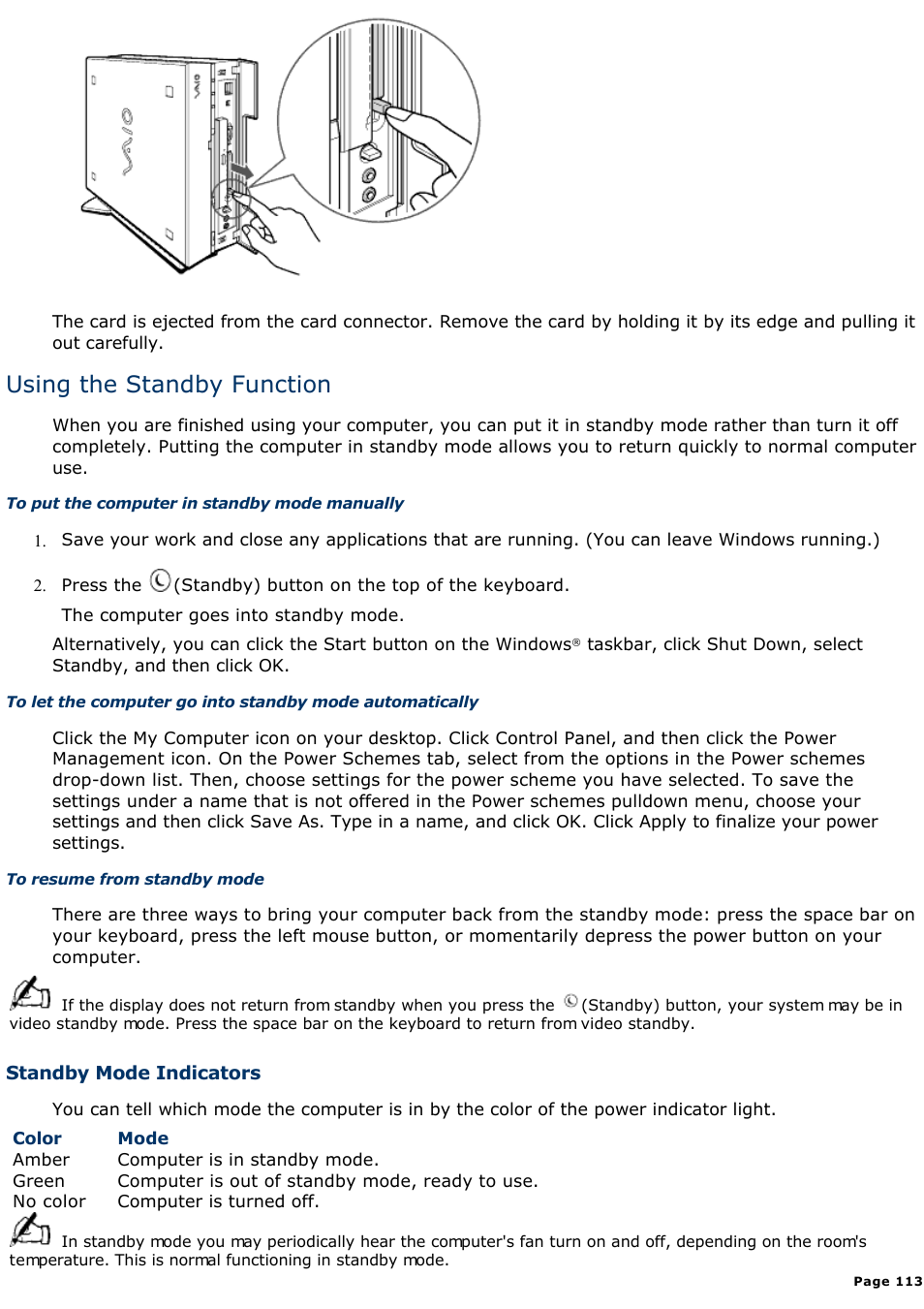 Using the standby function | Sony PCV-L630 User Manual | Page 113 / 1055