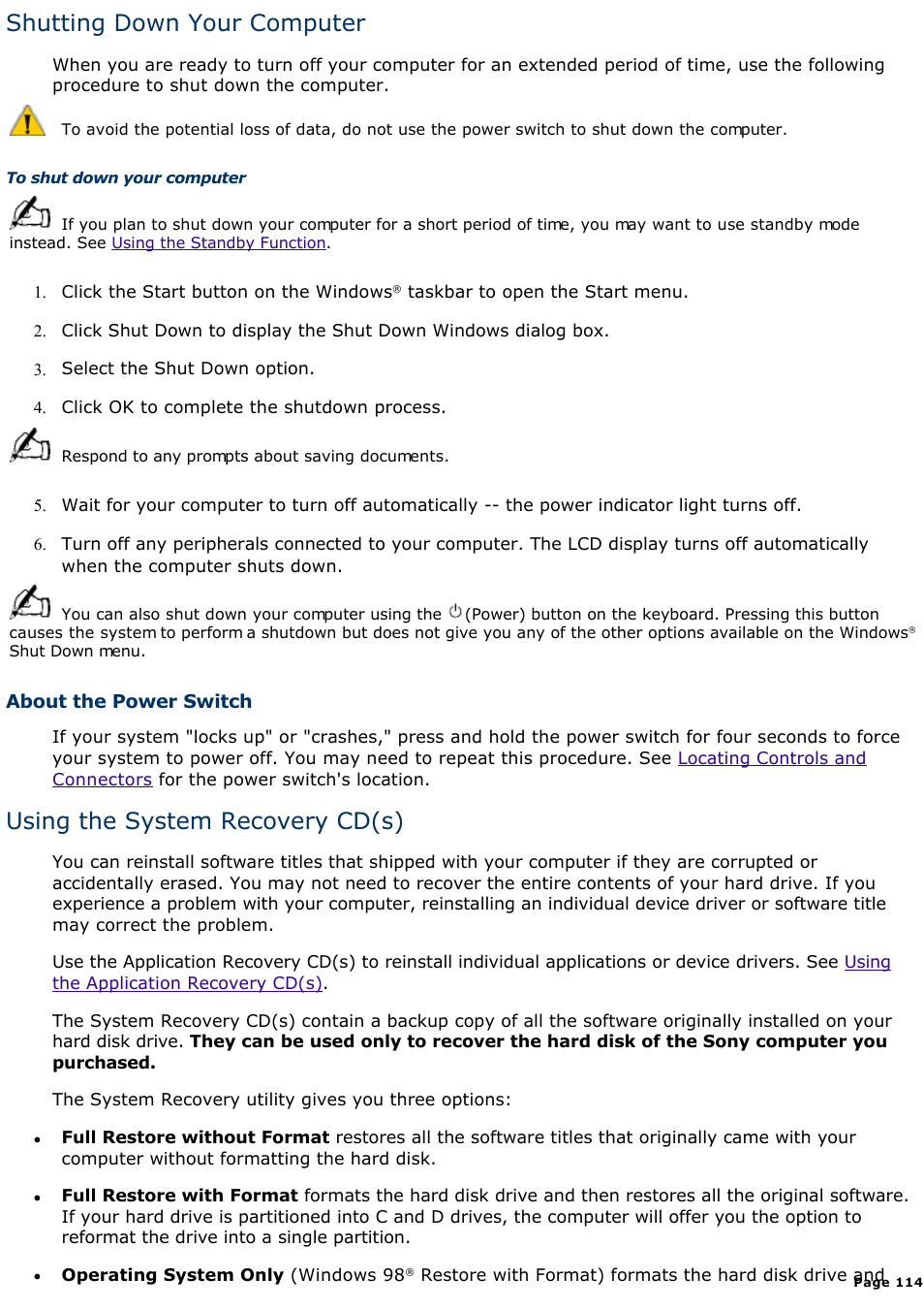 Shutting down your computer, Using the system recovery cd(s) | Sony PCV-L630 User Manual | Page 114 / 1055