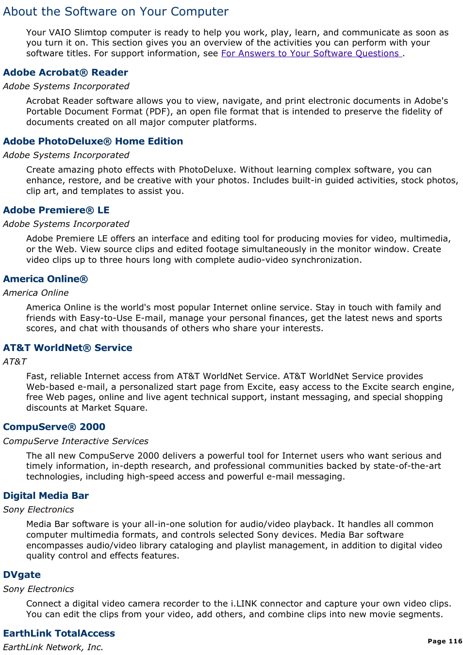 About the software on your computer | Sony PCV-L630 User Manual | Page 116 / 1055