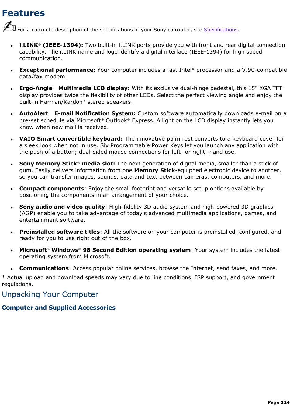 Manuals, Features, Unpacking your computer | Sony PCV-L630 User Manual | Page 124 / 1055