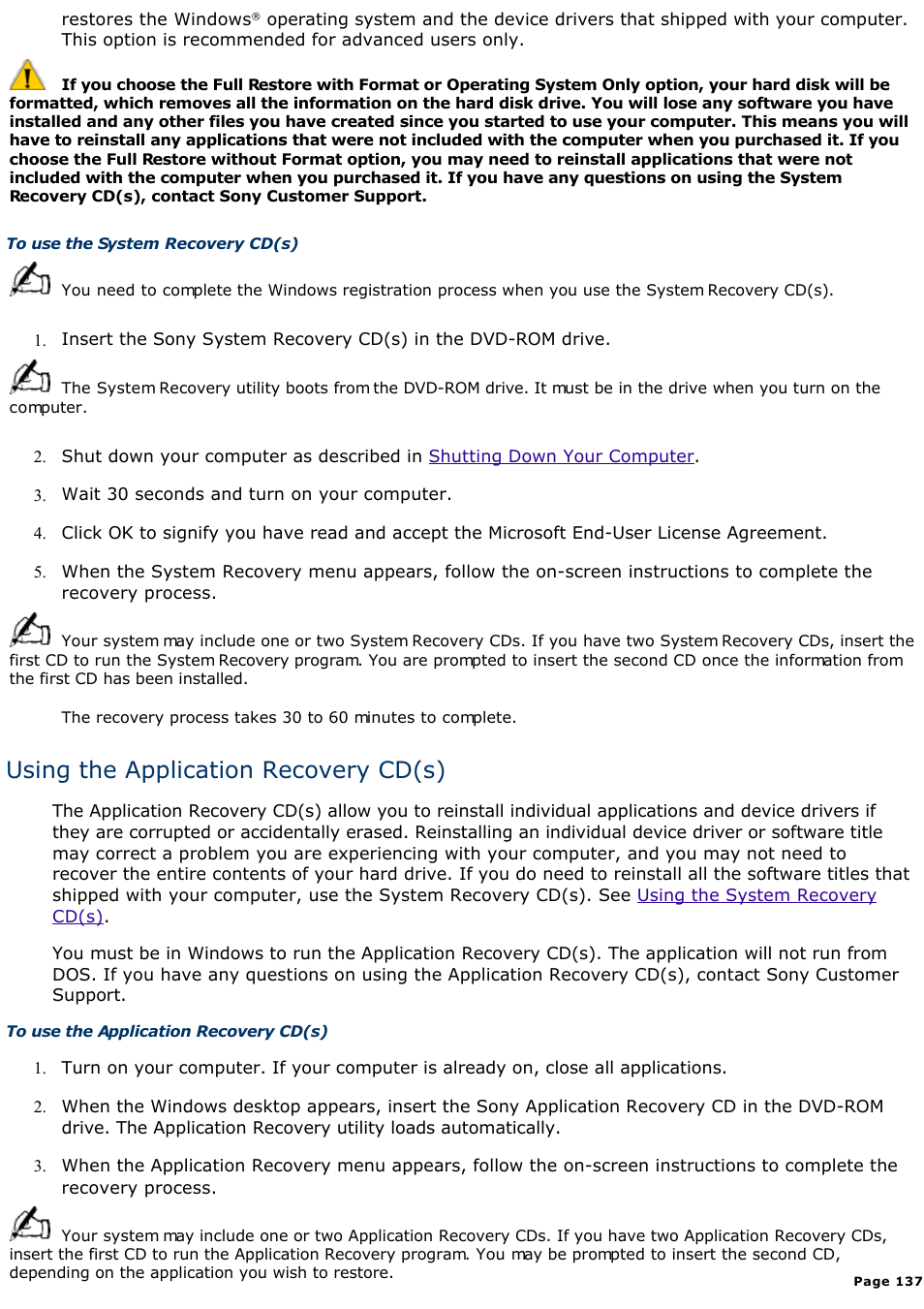 Using the application recovery cd(s) | Sony PCV-L630 User Manual | Page 137 / 1055