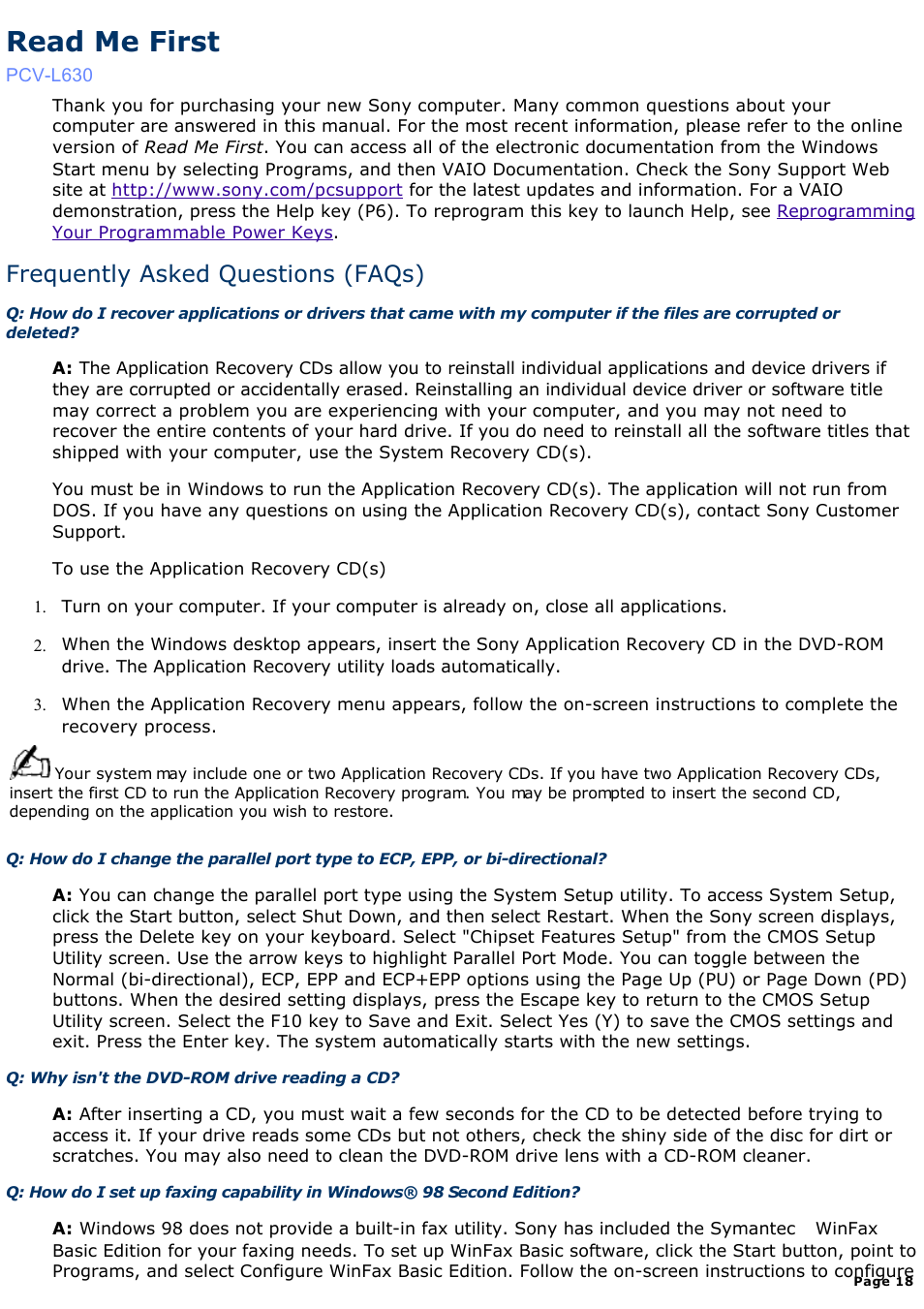 Reprogramming your programmable power keys, Read me first, Frequently asked questions (faqs) | Sony PCV-L630 User Manual | Page 18 / 1055