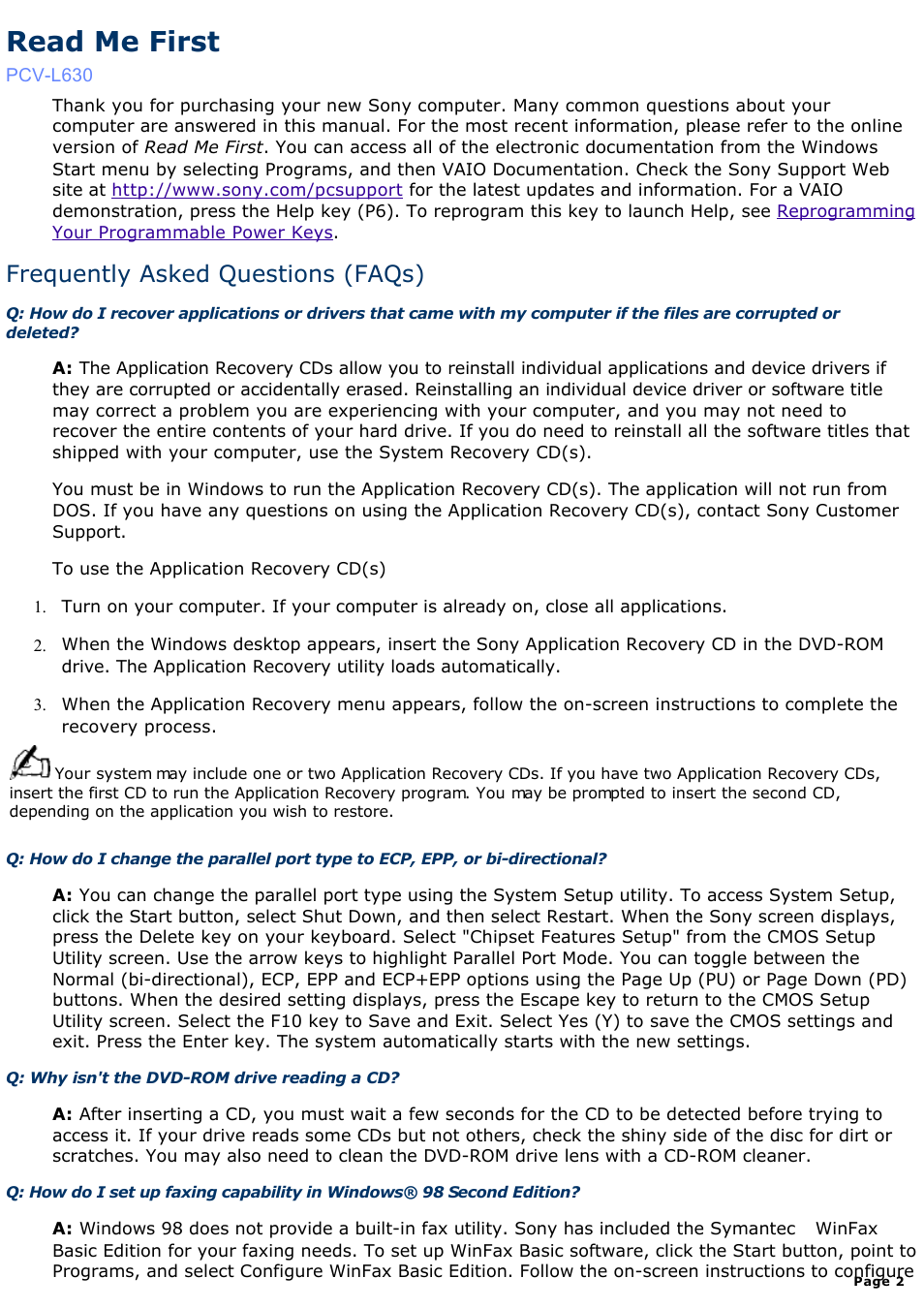 Read me first, Frequently asked questions (faqs) | Sony PCV-L630 User Manual | Page 2 / 1055