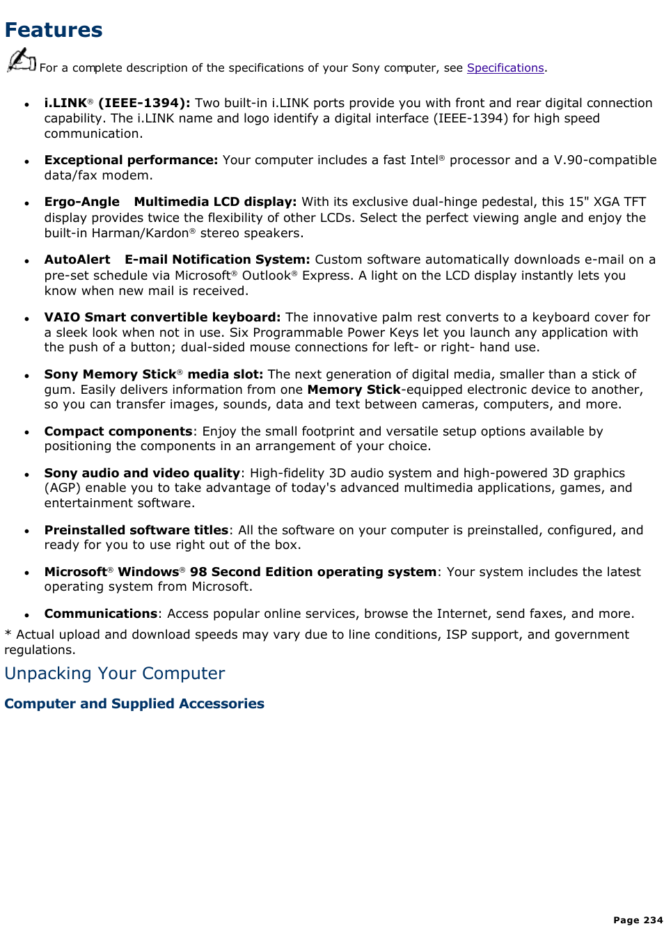 Locating controls and connectors, Features, Unpacking your computer | Sony PCV-L630 User Manual | Page 234 / 1055