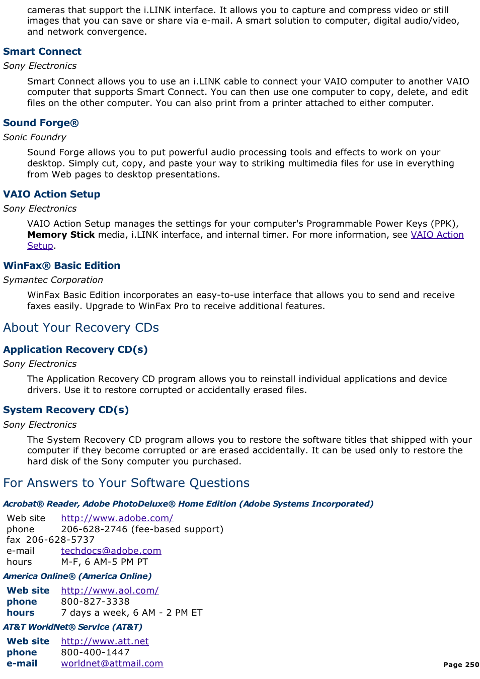 About your recovery cds, For answers to your software questions | Sony PCV-L630 User Manual | Page 250 / 1055