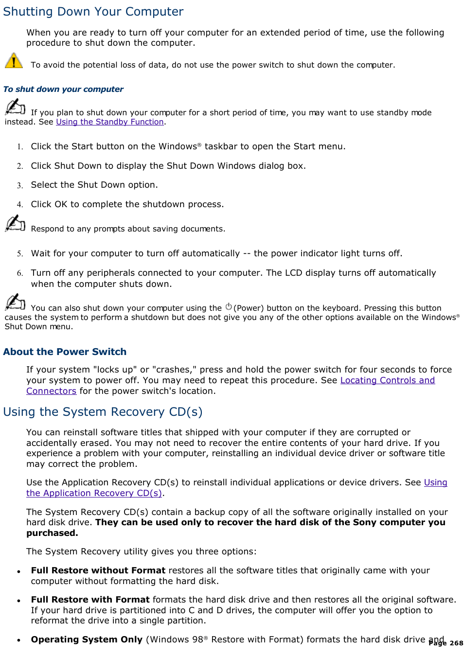 Shutting down your computer, Using the system recovery cd(s) | Sony PCV-L630 User Manual | Page 268 / 1055