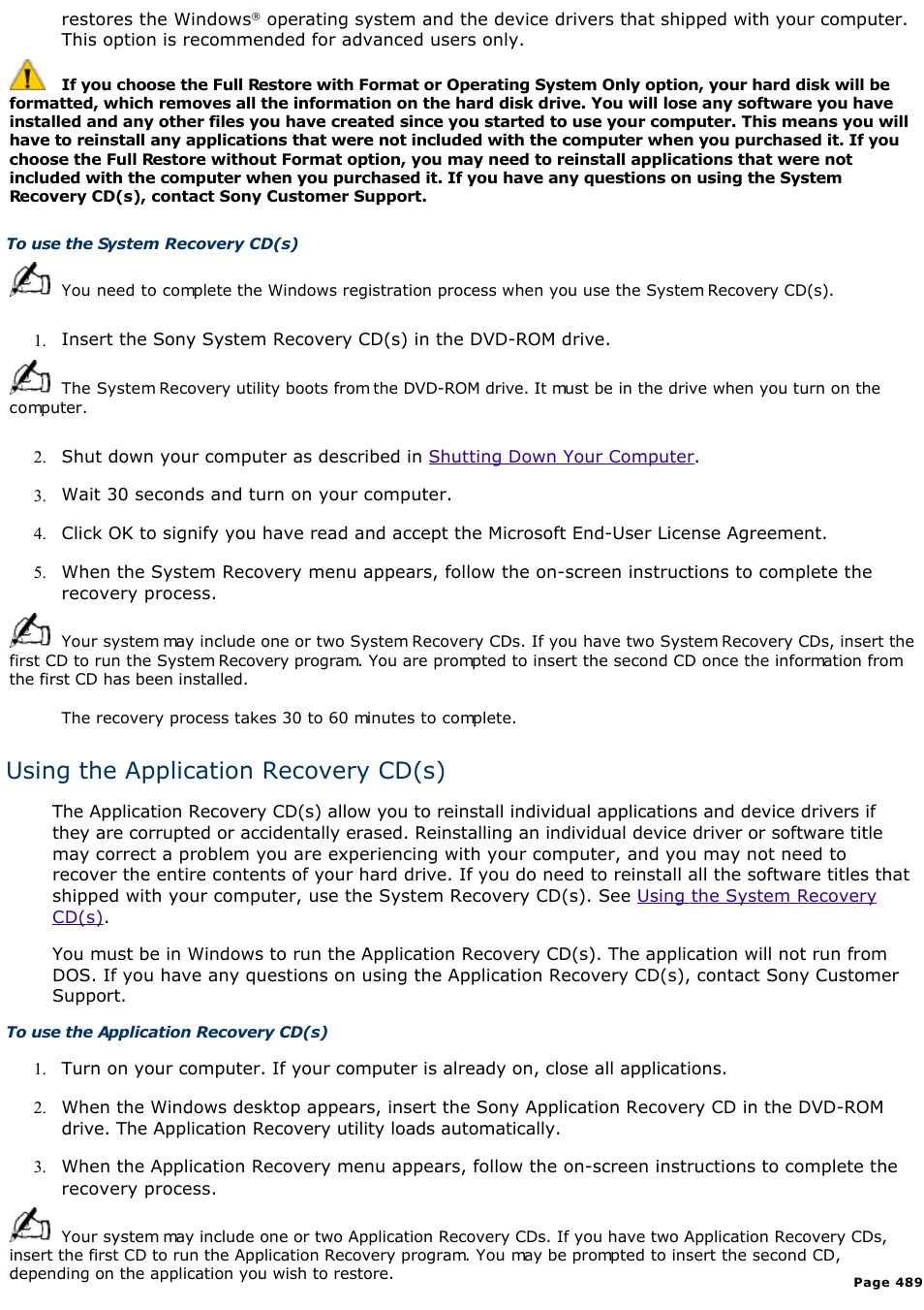 Using the application recovery cd(s) | Sony PCV-L630 User Manual | Page 489 / 1055