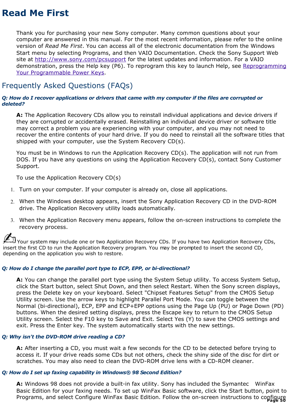 Memory upgrade specifications, Read me first, Frequently asked questions (faqs) | Sony PCV-L630 User Manual | Page 50 / 1055