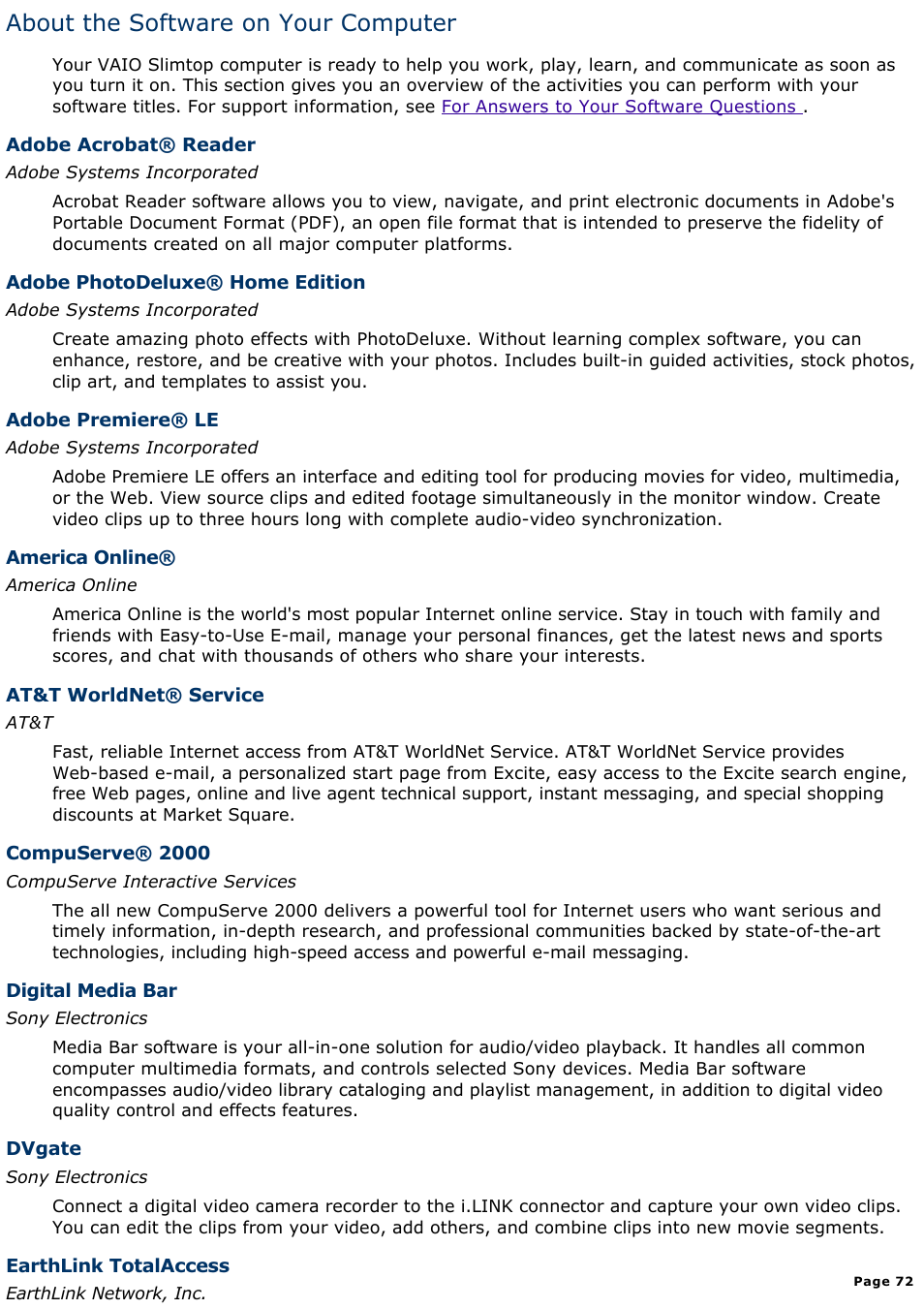 About the software on your computer | Sony PCV-L630 User Manual | Page 72 / 1055