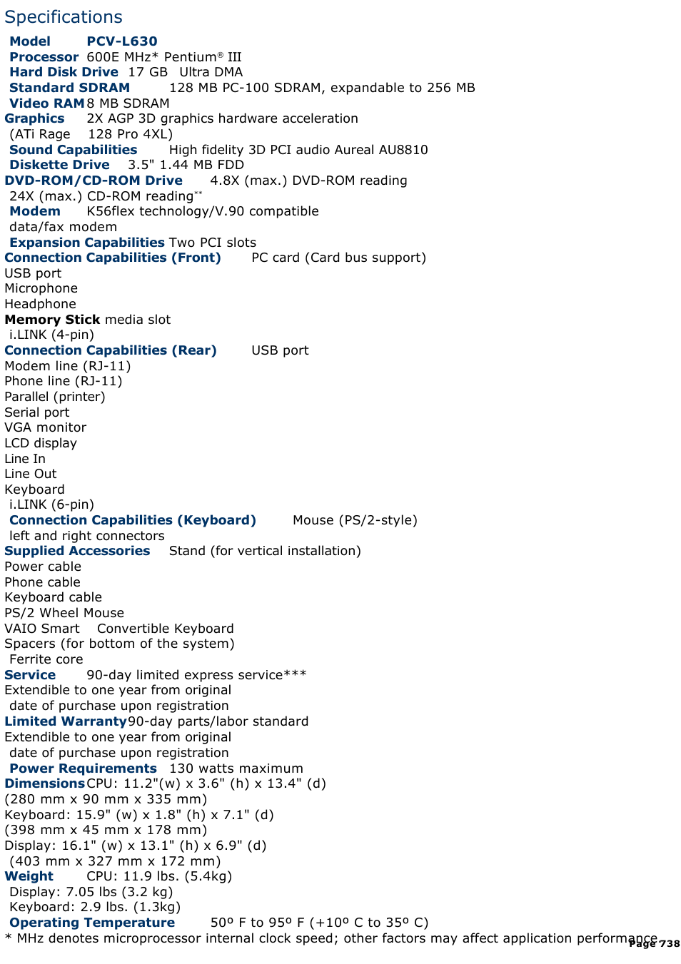 Specifications | Sony PCV-L630 User Manual | Page 738 / 1055