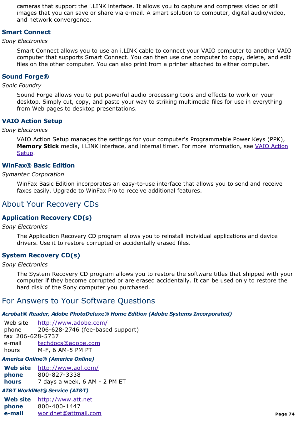 About your recovery cds, For answers to your software questions | Sony PCV-L630 User Manual | Page 74 / 1055