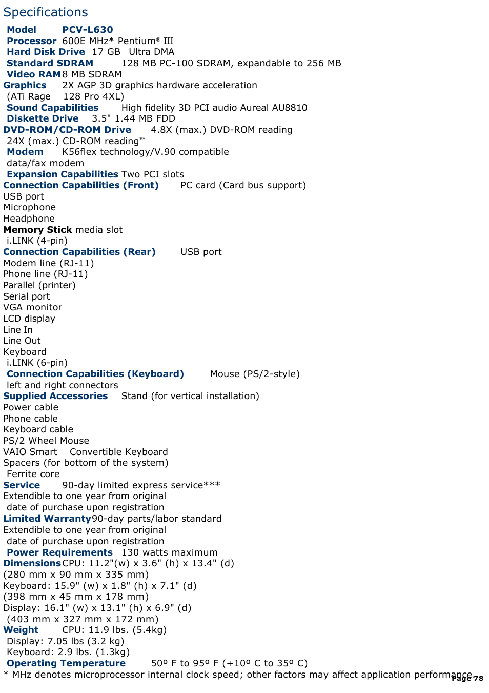 Specifications | Sony PCV-L630 User Manual | Page 78 / 1055