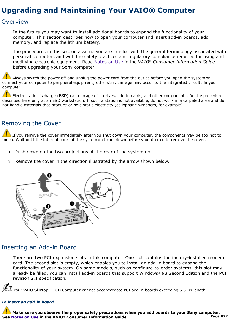 Upgrading and maintaining your vaio® computer, Upgrading and maintaining your vaio® computer, Overview | Removing the cover, Inserting an add-in board | Sony PCV-L630 User Manual | Page 872 / 1055