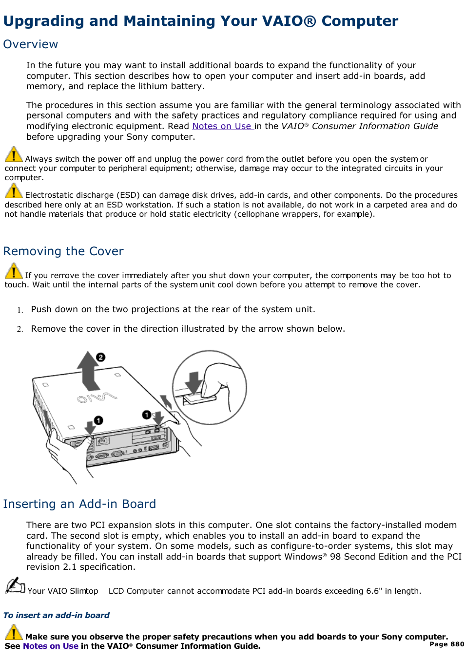 Removing the cover, Upgrading and maintaining your vaio® computer, Overview | Inserting an add-in board | Sony PCV-L630 User Manual | Page 880 / 1055