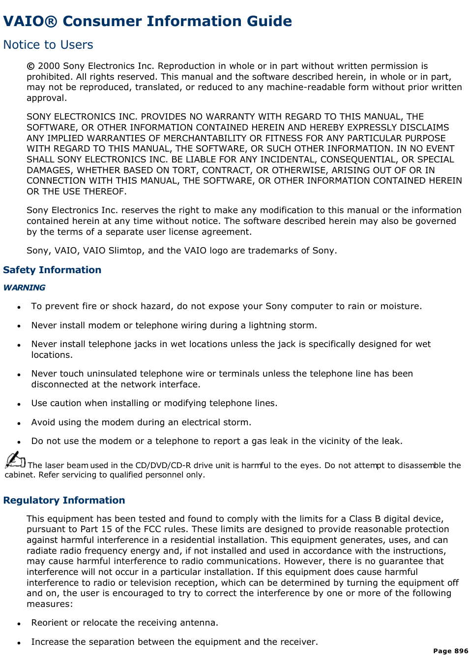 Vaio® consumer information guide, The vaio, Vaio | Consumer information guide, Modifying electronic equipment. read, Notes on use, In the, In the vaio, Vaio® consumer information guide, Notice to users | Sony PCV-L630 User Manual | Page 896 / 1055