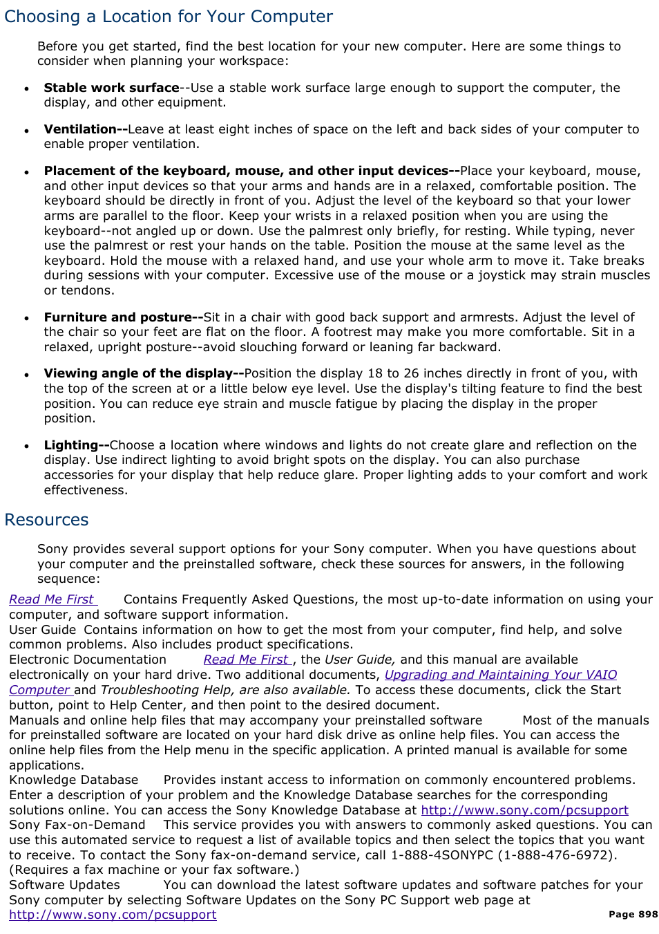 Choosing a location for your computer, Resources | Sony PCV-L630 User Manual | Page 898 / 1055