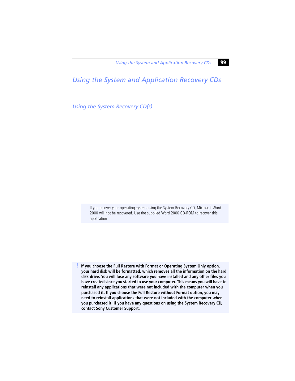 Using the system and application recovery cds, Using the system recovery cd(s) | Sony PCG-XG29 User Manual | Page 111 / 130