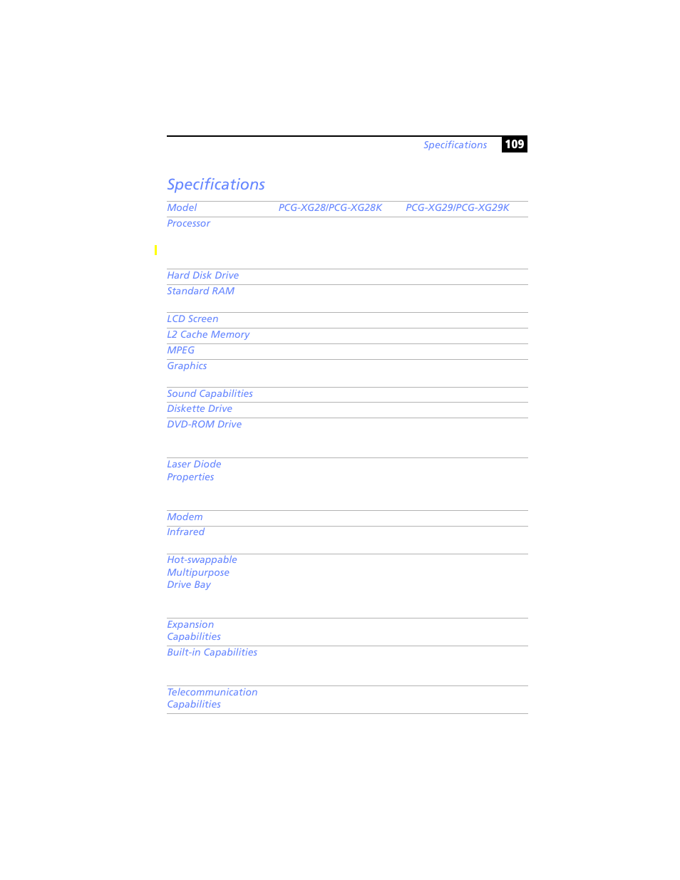 Specifications | Sony PCG-XG29 User Manual | Page 121 / 130