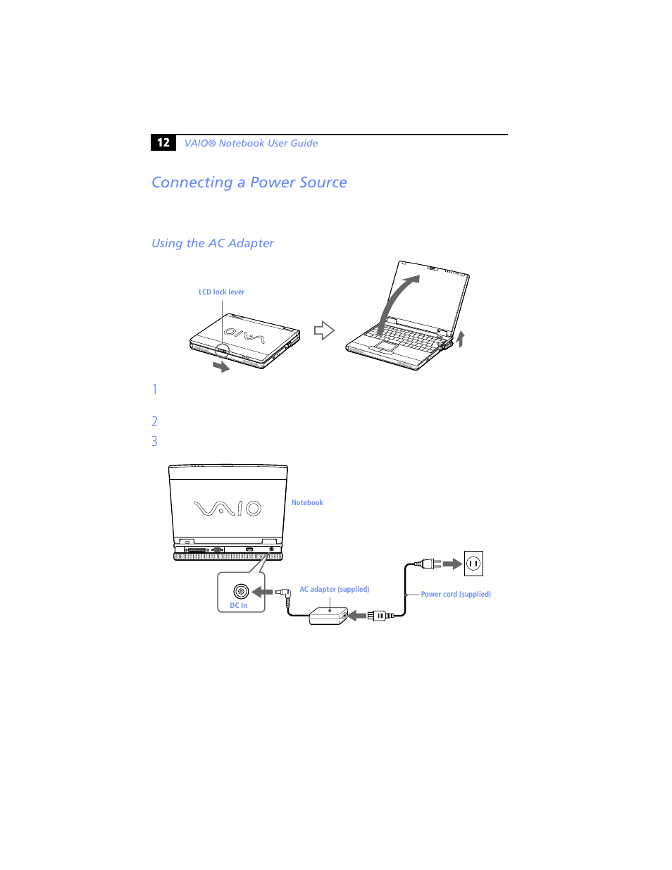 Connecting a power source, Using the ac adapter | Sony PCG-XG29 User Manual | Page 24 / 130