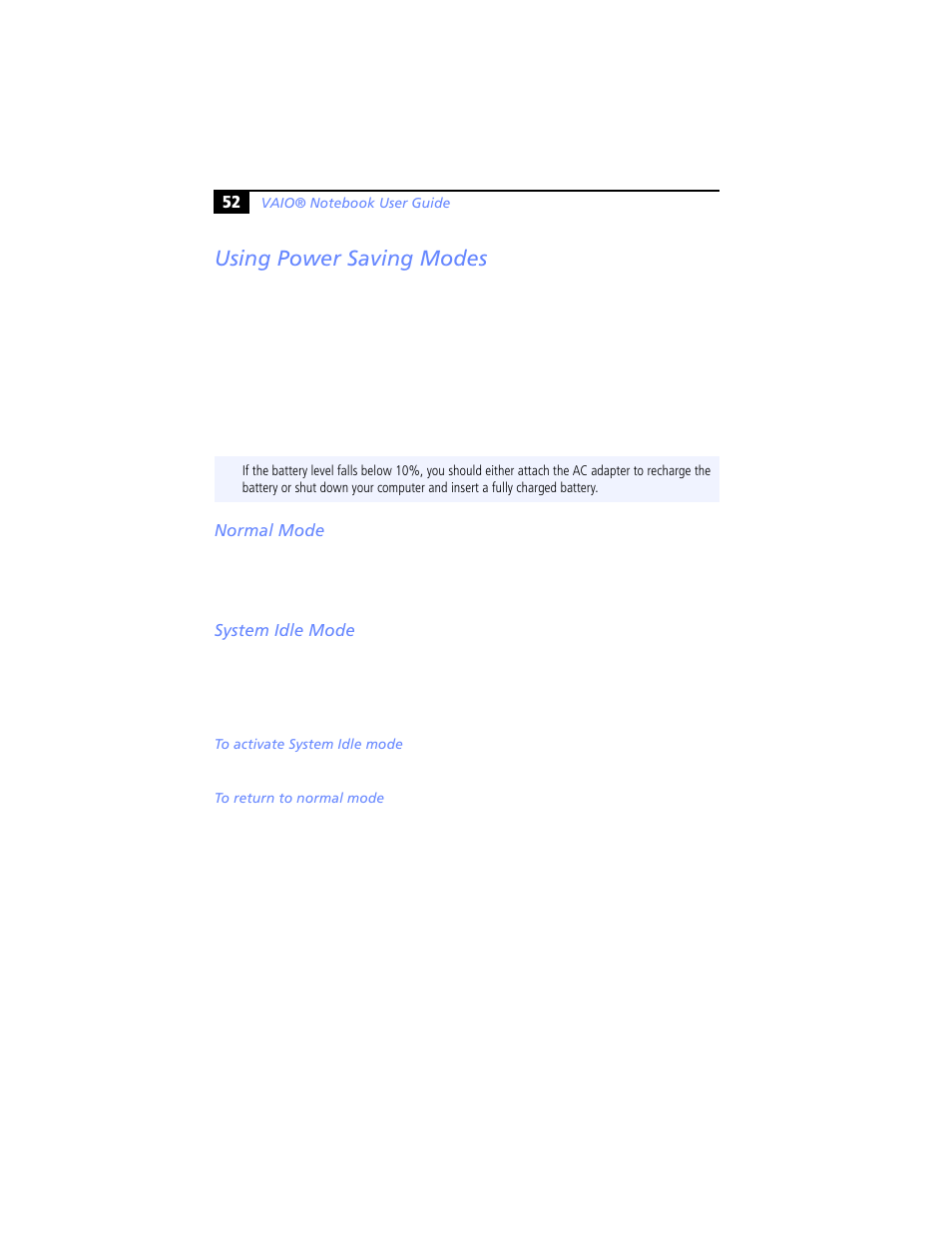 Using power saving modes, Normal mode, System idle mode | Normal mode system idle mode | Sony PCG-XG29 User Manual | Page 64 / 130