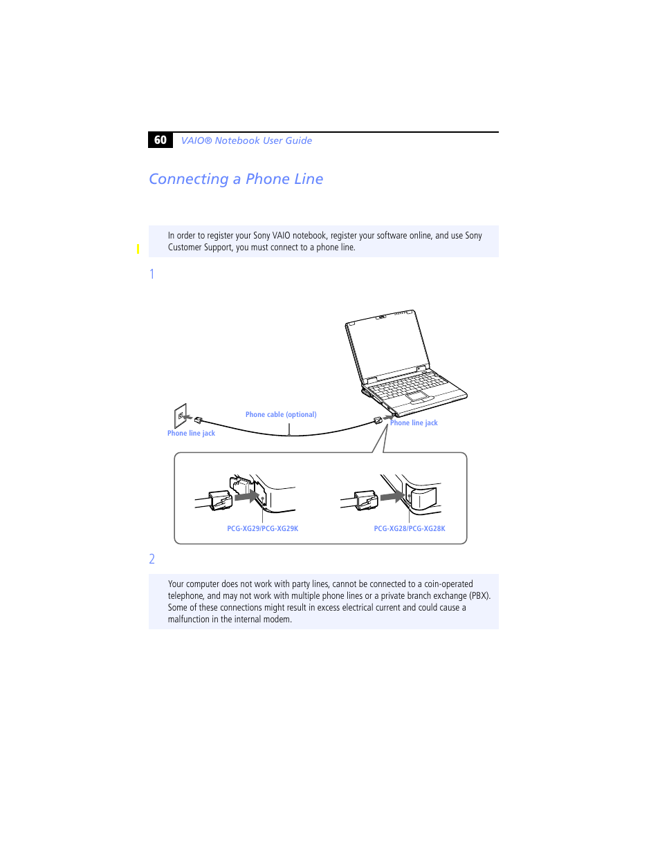 Connecting a phone line | Sony PCG-XG29 User Manual | Page 72 / 130