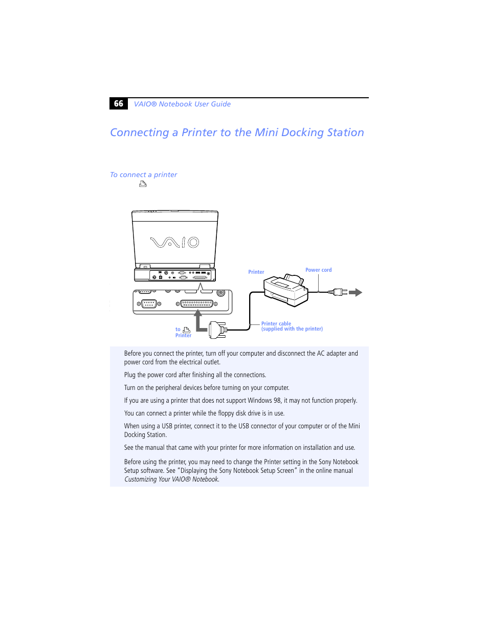 Connecting a printer to the mini docking station | Sony PCG-XG29 User Manual | Page 78 / 130