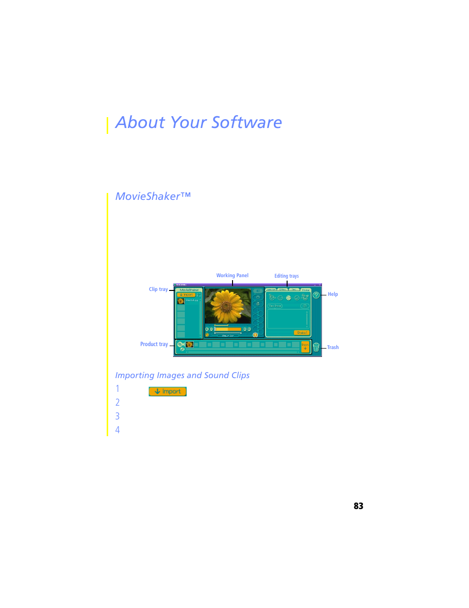 About your software, Movieshaker, Importing images and sound clips | Sony PCG-XG29 User Manual | Page 95 / 130