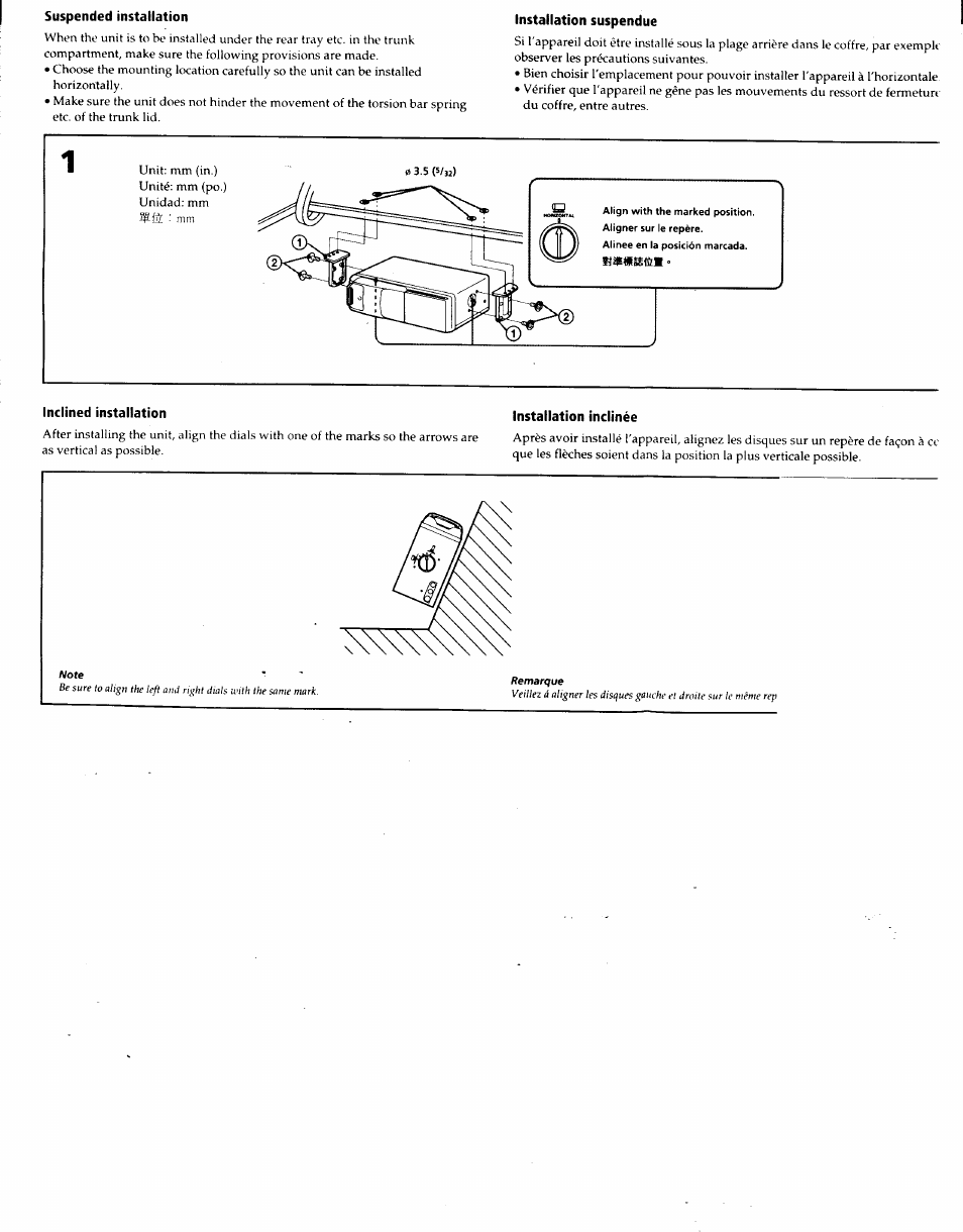 Suspended installation, Installation suspendue, Inclined installation | Installation inclinée | Sony CDX-705 User Manual | Page 11 / 13