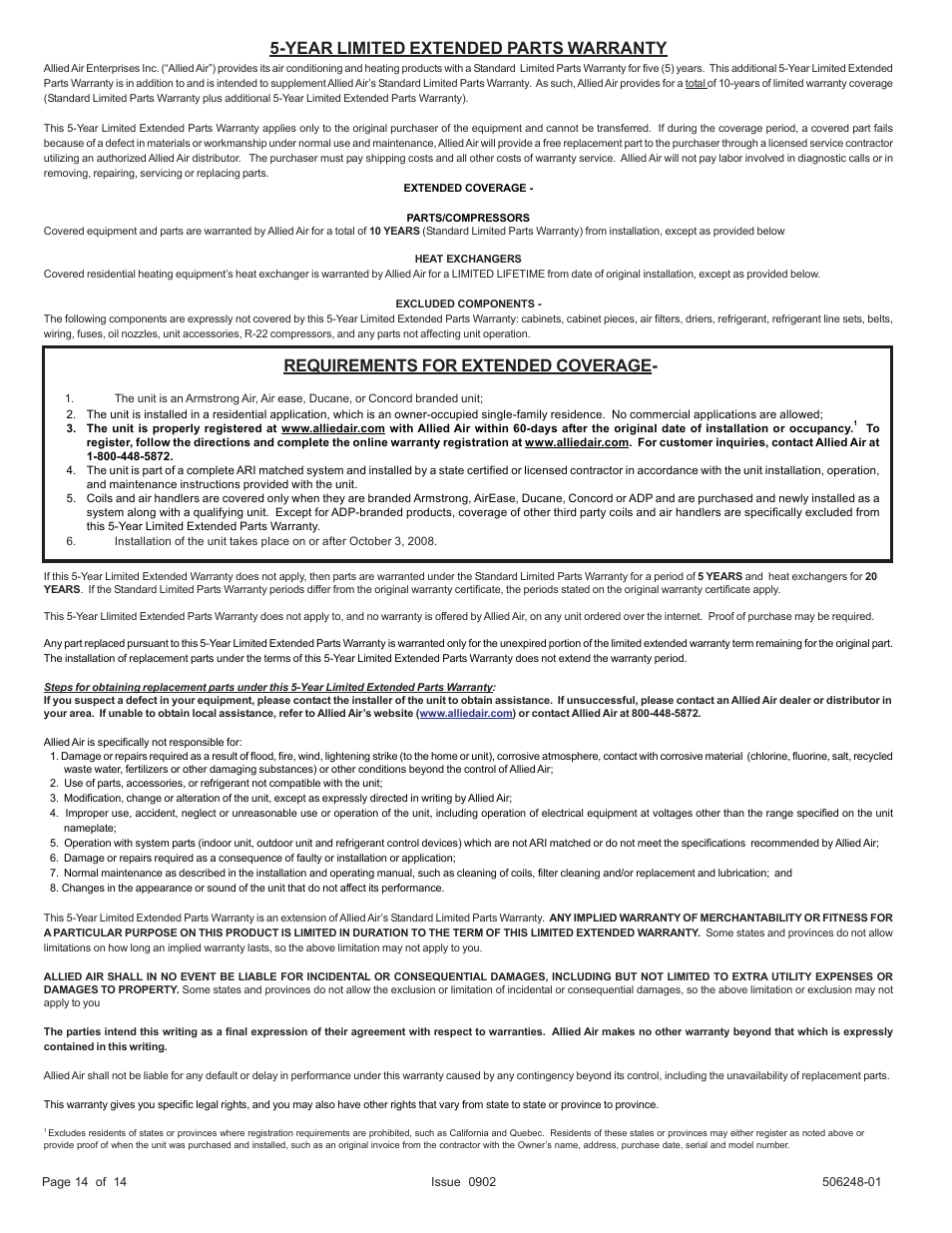 Year limited extended parts warranty, Requirements for extended coverage | Allied Air Enterprises (2 User Manual | Page 14 / 14